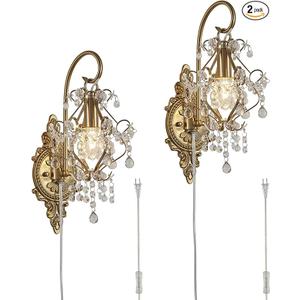 Fetason Gold Crystal Vintage Plug in Wall Sconces Set of 2 Indoor Wall Light Fixture, Modern Wall Mount Lamp Light for Bedroom Living Room Bathroom Vanity Light Hallway Light Fixture LED E12