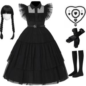 Girls Black Costume Halloween Dress Family Cosplay Party Outfit with Wig Necklace Belt Gloves Socks (7-8Y/130)