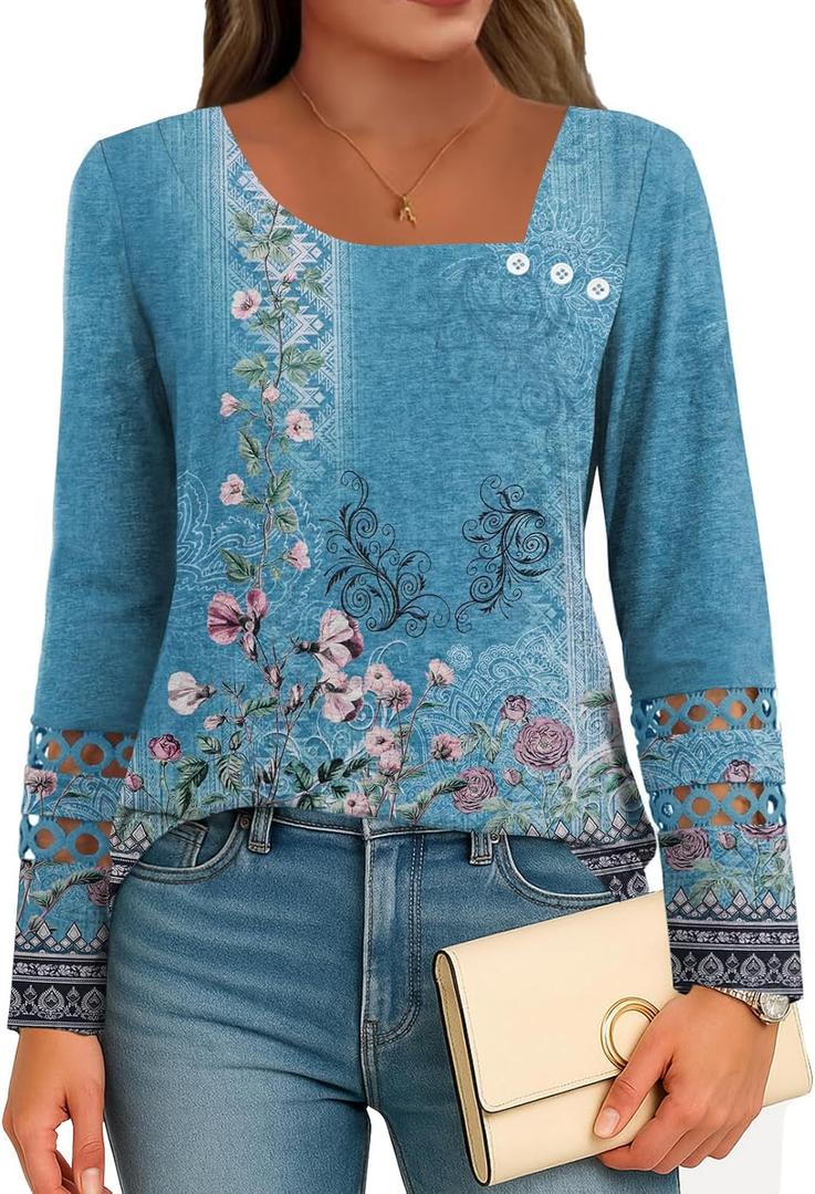 Disamer Long Sleeve Shirts for Women Fall Clothes Teacher Outfits 2026 Button Blouses Dressy Casual Square Neck Tunic Tops (Blue, M)