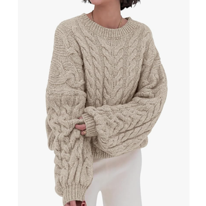 PRETTYGARDEN Womens Sweaters Spring 2025 Cable Knit Long Sleeve Crewneck Oversized Sweater Chunky Pullover Loose Outfits, Size M