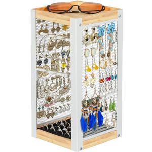 keomaisyto Earring Holder Organizer, 360 Rotating Jewelry Holder with Ring Tray/Necklace/Bracelet/Ring Hooks, White Earring stand with 4 Sides and 2 Wooden Trays for Jewelry Display (Upgraded)