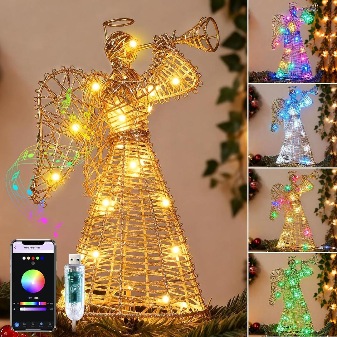 Smart Christmas Tree Topper, 3D Lighted Trumpeting Angel Topper with RGB LED Light, Gold Glittered Xmas Tree Topper with Music Sync, Timer, DIY Mode & APP Control for Indoor Holiday Decor, USB Powered