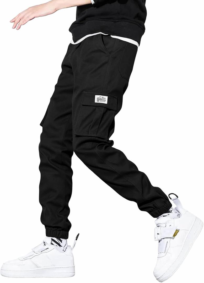 JMIERR Mens Casual Cargo Pants Stretch Elastic Waist Drawstring Joggers Pants Tapered Sweatpants for Men Multi Pockets (Black)