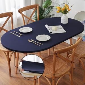 Fitted Spandex Oval Tablecloth, Soft Skin Friendly Non Pilling Breathable Fabric Table Cover with Elastic Band for Dining Gathering Party Banquet Decoration 48 x 68 Inch Navy Blue