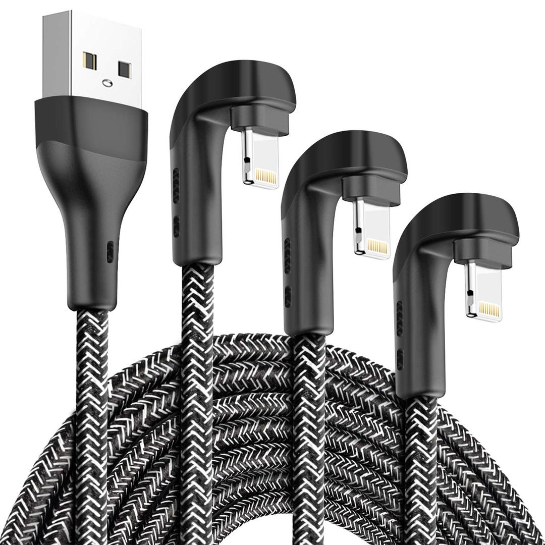 3Pack 90 Degree iPhone Charger 10ft,Apple MFi Certified 10 Feet USB A to Lightning Cord Long,Nylon Right Angle 10 Foot Charging Cable for Apple iPhone 14 Pro Max/14 Plus/13 Pro/12 Mini/11/X/XS/XR/iPad
