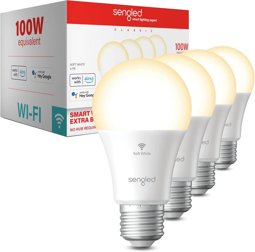 Sengled Smart Light Bulb, 100W Equivalent WiFi Light Bulb, 1500LM High Brightness Smart Bulbs that Work with Alexa Google, Dimmable A19 Soft White Alexa Light Bulb,CRI>90, No Hub Required, 4-Pack