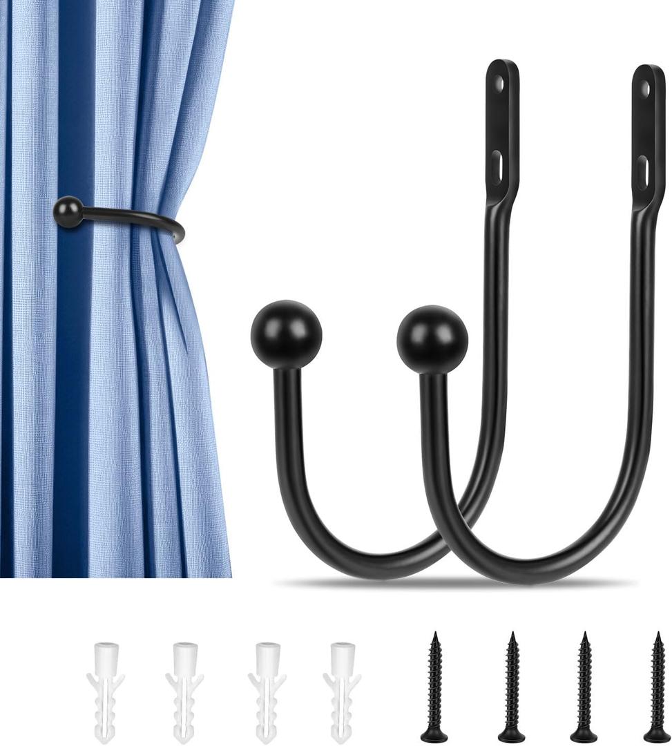 2 PCS Curtain Holdbacks, Wall Mounted Drapery Tiebacks Simple Style, Black
