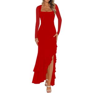 BORIFLORS Women's Bodycon Ruched Mesh Long Sleeve Maxi Dress Mermaid Ruffle Formal Cocktail Party Long Dresses, Large, Red