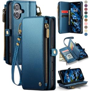 Defencase Compatible with iPhone 16 Case Wallet with RFID Blocking Card Holder for Women and Men, Fashion PU Leather Magnetic Snap Flip Zipper Strap Wallet Phone Case for iPhone 16 6.1", Dark Blue