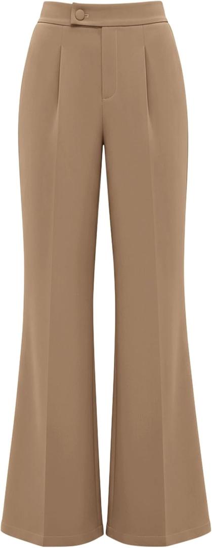 KIRUNDO Womens Dress Pants High Waisted Wide Leg Pleated Trousers Flare Palazzo Slacks Pockets Business Casual Outfits (X-Large, Khaki)