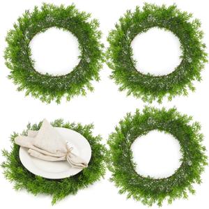 Christmas Greenery Placemats Set of 4, Round Cedar Wreath Placemats, 16 Inch Artificial Cypress Place Mats, Artificial Xmas Thermal Insulation Dining Table Mat for Xmas Winter Party Dining Decorations