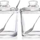 Frcctre Set of 2 Glass Sugar Bowl, 6 Ounces Clear Sugar Jar with Spoon and Lid, Salt Spice Pepper Bowl Seasoning Jar Condiment Pots Dispenser Container for Home Kitchen Coffee Bar