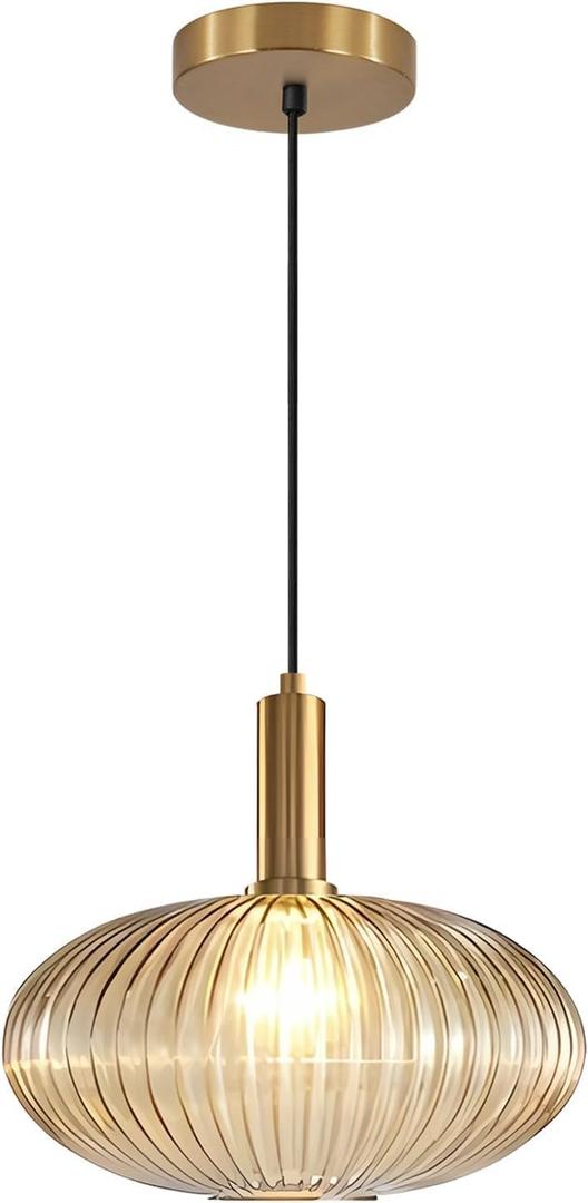 KCO Lighting Modern Gold Globe Pendant Lamp 1-Light Mid Century Antique Brass Dining Pendant Light Amber Glass Farmhouse Pendant Lighting Adjustable Large Vintage Hanging Ceiling Pendant Light (30cm)