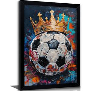 Framed Soccer Ball with Crown Wall Art, Textured Oil Painting Style Sports Canvas Print, King of Football Poster with Solid Wood Frame, Modern Graffiti Wall Decor for Boys Bedroom Bar, 16"L x 24"W