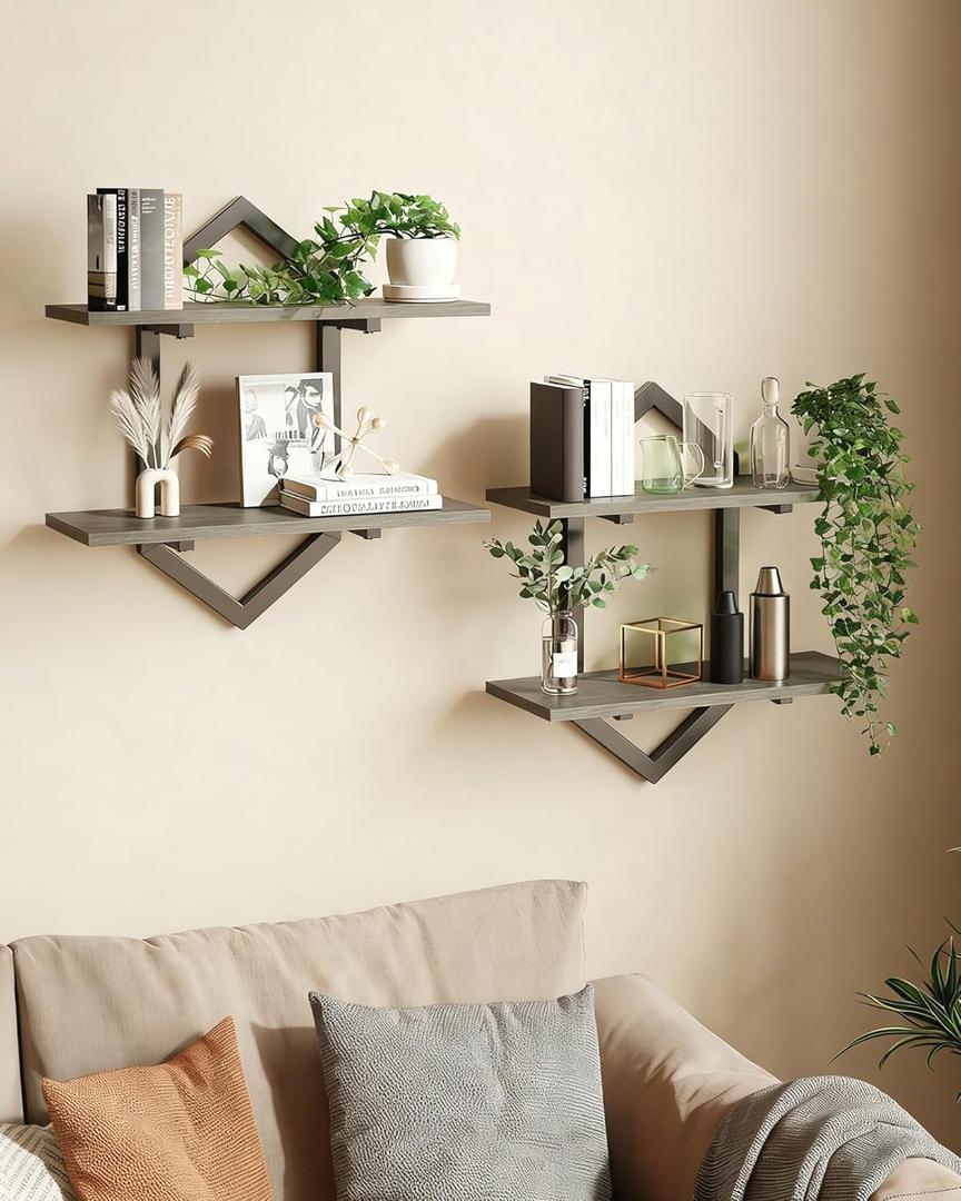 Floating Shelves, Set of 2 Wall Shelf, Wall Mounted Decorative Shelves, 2-Tier Modern Geometric Hanging Storage Shelf for Living Room, Bedroom, Kitchen, Office, Study (Greige + Black)