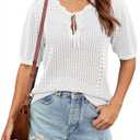 Saodimallsu Womens Crochet Sweaters Puff Short Sleeve V Neck Tie Front Lightweight Casual Summer Trendy Knit Tops White (L)