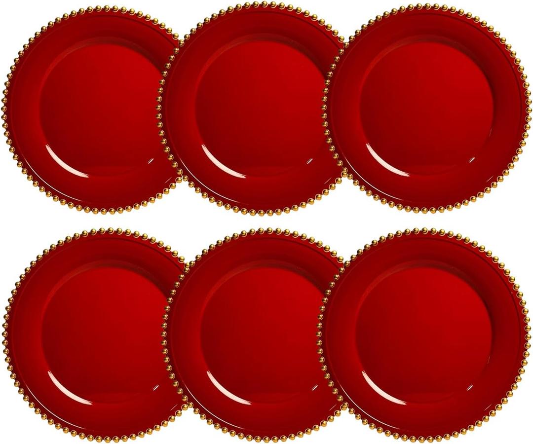 Red Charger Plates, 13 Inch Plastic Beaded Chargers for Dinner Plates, Party, Wedding, Birthday. Table Setting, (Set of 6)