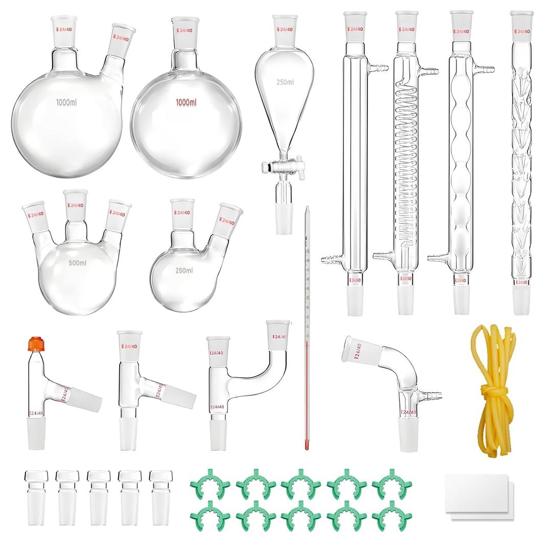 Lab Distillation Kit, 32PCS Laboratory Glassware Kit with 24, 40 Joint,1000ml Essential Oil Distillation Apparatus Kit for Distillations Separation Purification Synthe