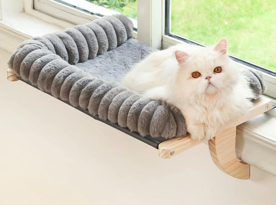 valigogo CloudSoft Cat Window Sill Perch with Zipper Designed Cushioned Bed, Supportive Cat Window Seat with Premium Solid Wood & Sturdy Metal Frame, Pet Hammock Bed for Large Cats (Large, White)