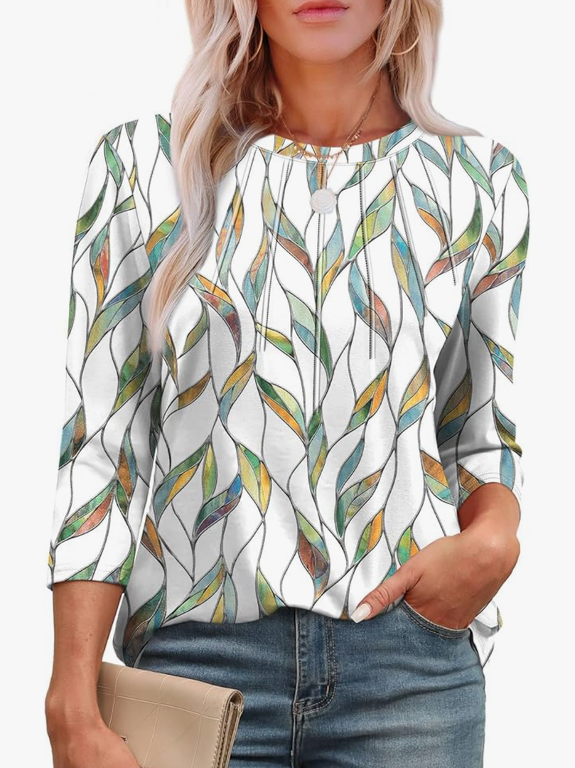 3/4 Length Sleeve Womens Tops Round Neck Casual Tunic Tops Basic Pleated Shirts Loose Fit 2025 Size M