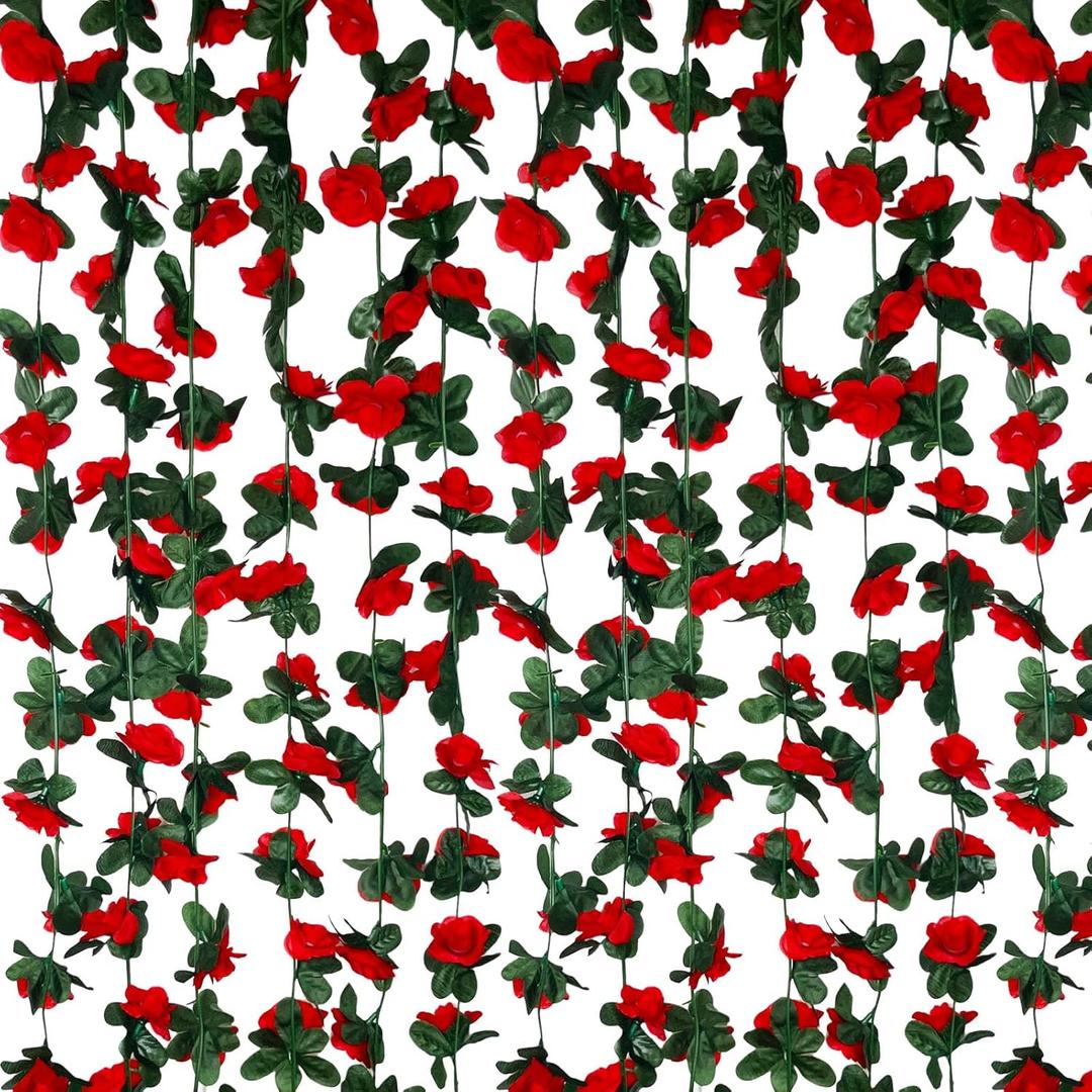 8Pcs 63Ft Red Rose Garland, Fake Rose Hanging Flowers, Artificial Flower Vine, Hanging Floral Vine Garland for Wedding, Birthday Party, Wall Arch, Halloween, Christmas Garden Backdrop Decor