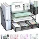 WALI Desk File Organizer, 4 Tier Desktop Paper Letter Tray Organizer with Drawer and 2 Pen Holders, Office Desk Accessories & Workspace Organizers for Office, Home Supplies(DO005DH-B), 1 Pack, Black