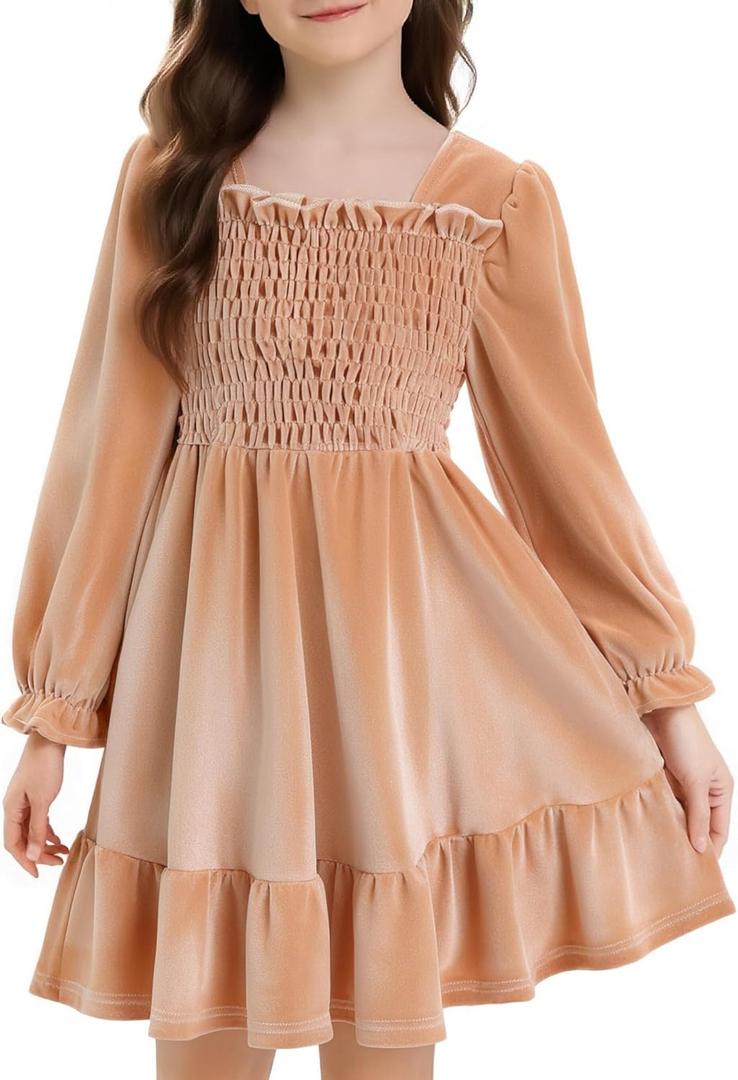Girls Long Sleeve Dress Velvet Square Neck Midi Fall Winter Long Sleeve Vintage Plain Dress 4-12Y (9-10 Years, Beige)