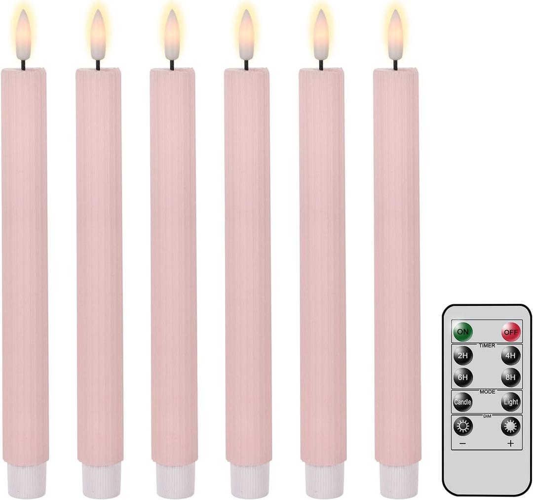 Spring Taper Candles Pastel Flameless Flickering with Remote Timer, Battery Operated Warm Light LED Candles Striped Real Wax Wedding Birthday Party Decor 6 Pack (0.78 X 9.45 Inchs)