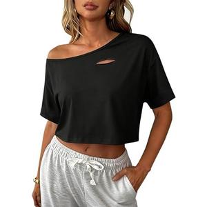 Avanova Women Off The Shoulder Crop Tops Distressed Ripped Short Sleeve Cropped Tee T-Shirt, Large, Black