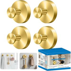 Herda Suction Cup Hooks Heavy Duty Wreath Hangers for Front Door, Stainless Steel Suction Cup Hooks for Shower, Glass, Windows, Walls Waterproof Drill-Free Towel Hooks, Holds Up to 15 Lbs-4 Pack, Gold