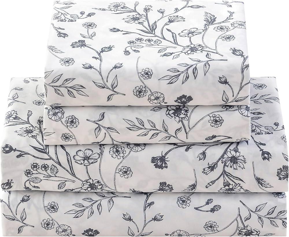 Jessrydo Floral Bed Sheets King Size 18” Deep Pocket King Sheets Soft Breathable Floral Sheets King Size Bed Set with 1 Flat Sheet, 1 Fitted Sheet, 2 Pillowcases (King, Floral Gray)