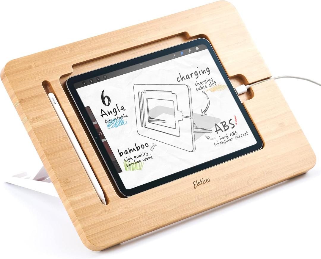 ELETIUO Adjustable Tablet Stand with Pencil & Charger Cable Slot, Bamboo Wooden Stand with Multiple Angles, Organizer Desktop Holder for Drawing, Compatible with iPad(Support to 9.7-11" Devices) (15.6*10.8*1.4 inch)