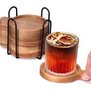 Best Wooden Handle Coasters Set of 6 with Holder Coffee Table Decor Acacia Wood Coaster for Living Room Modern Cup Coaster for Drink Home Kitchen Dining Accessories Bar Farmhouse Outdoor Decorative