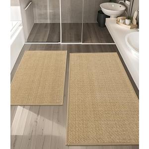 YIHOUSE Bathroom Rugs Sets 2 Pieces, Beige Ultra Thin Bath Mats Fit Under Door, Absorbent Quickly Dry Rubber Backing Braided Bath Mat Set, Non Slip Washable Bath Rugs for Bathroom Floor, Beige
