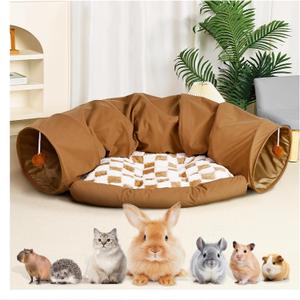 Bunny Tunnel Bed, Collapsible Tunnel Tubes,Bunny Toys with Removable Mat, Guinea Pig Houses and Hideouts, for Cats Kittens Rabbits Guinea Pigs Kitty (Khaki style)