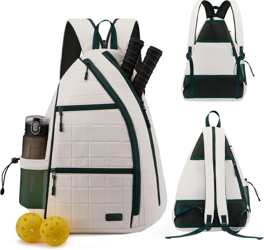 Sucipi Women's Pickleball Backpack - Quilted Crossbody Sling Bag for Tennis & Pickleball Paddle (Large, Beige Green)