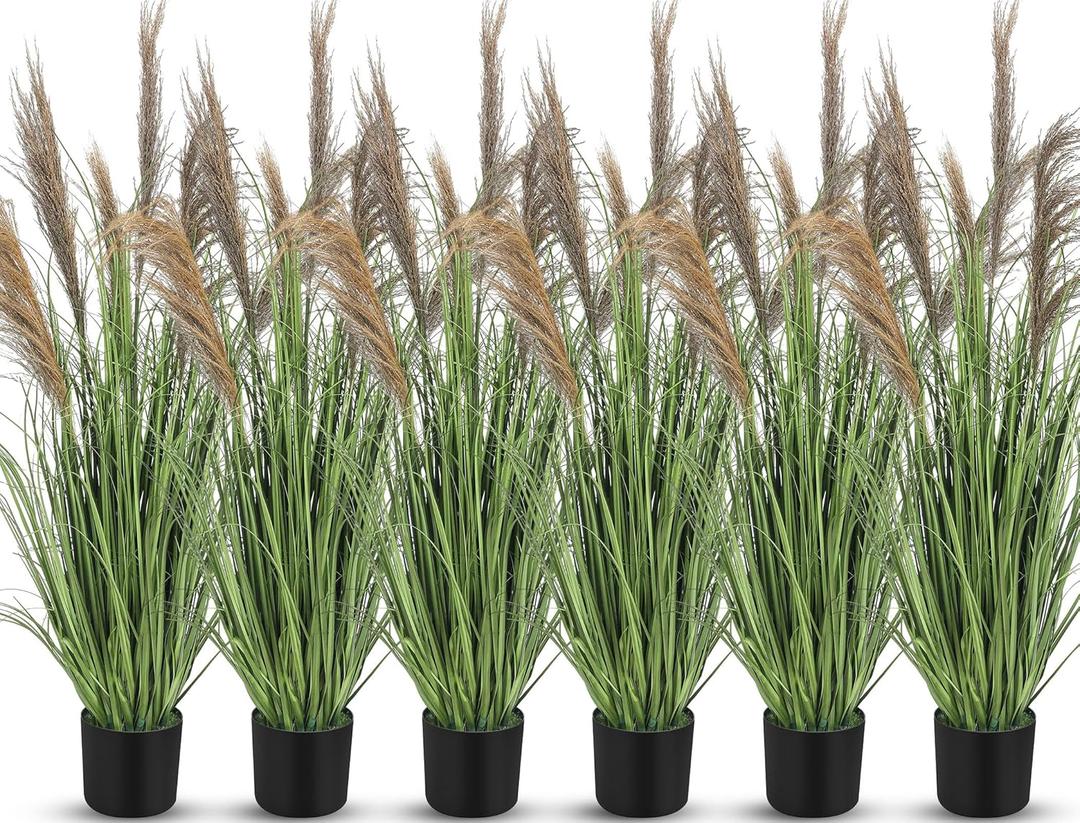 Jexine 6 Pcs Pampas Grass Potted Plants 4 ft Tall Artificial Grass Potted Artificial Greenery Floor Plants Tall in Pot for Housewarming Gift House Garden Bathroom Lobby Outdoor Decoration (Greeny)