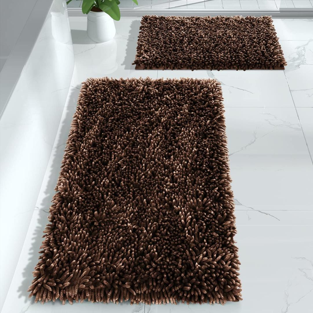 Yimobra Bathroom Rugs Sets 2 Piece, Luxury Extra Thick Bath Mats for Laundry Room Floor, Shaggy Fluffy Chenille Bathroom Rug Set, Soft Comfortable, Non-Slip, Machine Wash, Absorbent Water, Brown (24 x 17+44.1 x 24 Inch, Brown)