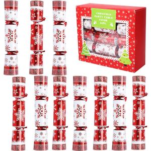 10 Pack 10" Christmas Non-Snap Table Favors, Luxurious Red & White Snowflake Design With Party Hat, Joke & Xmas Gift for Kids Christmas Parties, Dinners and Holidays