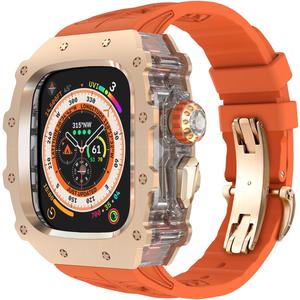 316L Stainless Steel Case for Apple Watch Ultra 3/2 /1 49mm Fluoroelastomer Band, Mens Luxury Bumper Cover iWatch Ultra 49MM Shock-Resistant Case Replacement FKM Strap (49mm, Rose gold)