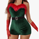 Avidlove Womens Sexy Santa Costume Velvet Romper Christmas Shorts Bodysuit Lingerie with Belt,XL