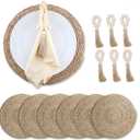 Boho Woven Placemats Set of 6 with Wooden Napkin Rings, 13" Natural Water Hyacinth Rattan Wicker Table Mats Charger Plates for Christmas Decorations, Thanksgiving, Rustic Dining & Home Decor