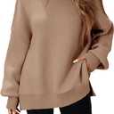 SunnyMelody Womens Oversized Batwing Sweater Fall 2025 Crew Neck Pullover Knit Tops - Outside Seam, High-Low Hem, Side Slit (Size Medium, Dusty Almond)