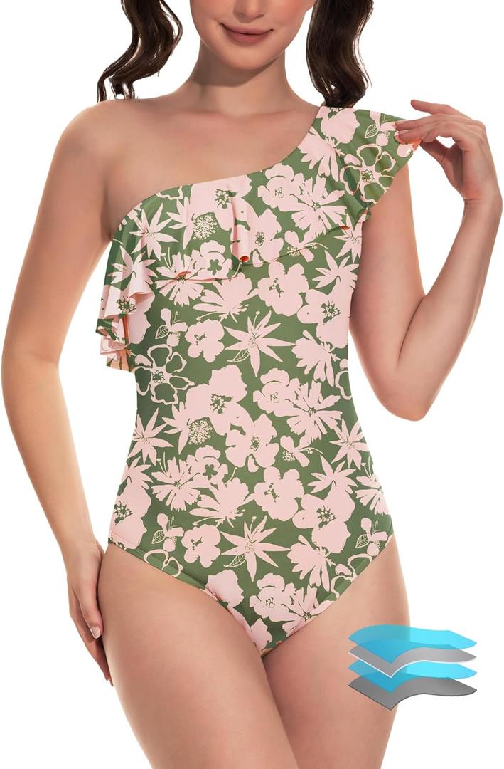 Beautikini Period Swimwear One Piece Menstrual Leakproof Swimsuit One Shoulder Ruffle Bathing Suits for Girls Teens (Small, Green Printing)