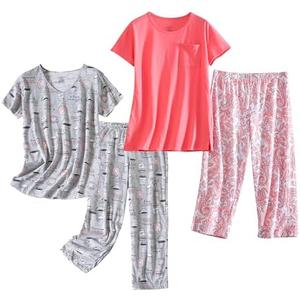 PNAEONG 1 Pack Women's Cotton Pajama Sets Short Sleeve Sleepwear Tops with Capri Pants Summer Loungewear Pj Sets XXL Pink