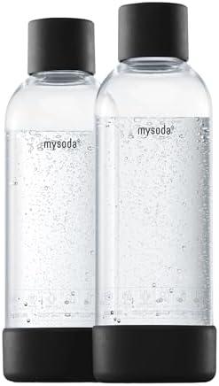Mysoda Carbonating Bottles 2Pck 1L - Compatible with MySoda and any brands - Lid and Base Made of Wood Composite - Quick-Lock Reusable Bottles - BPA Free - Black