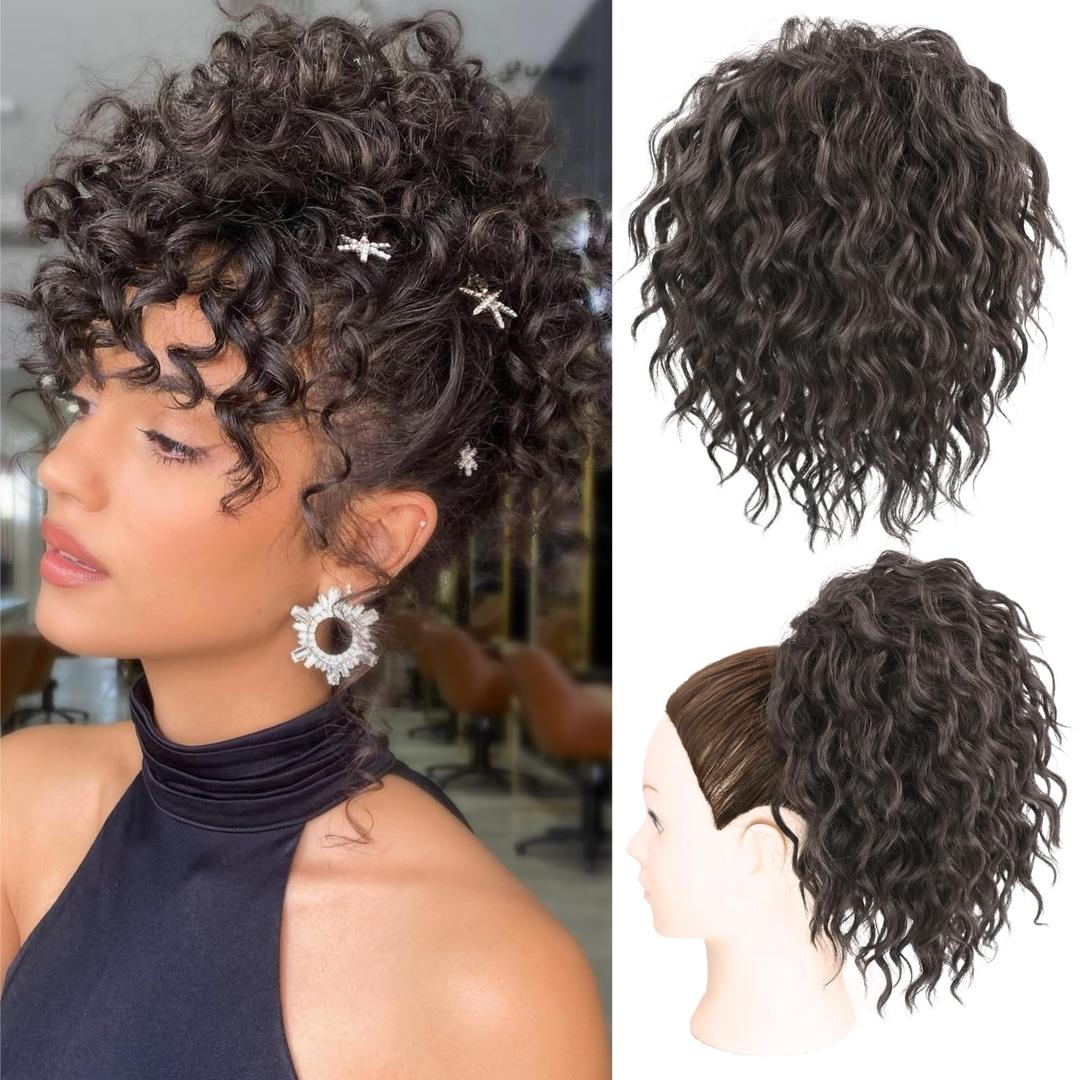 Messy Bun Hair Piece Yaki Textured Sweet Loose Wavy Curly Hair Bun Short Drawstring Ponytail Extensions Hair Toppers Synthetic Hairpieces Pony Tails Hair Extensions for Women(Black Brown) (8 Inch) Messy Bun Hair Piece Yaki Textured Sweet Loose Wavy Curly Hair Bun Short Drawstring Ponytail Extensions Hair Toppers Synthetic Hairpieces Pony Tails Hair Extensions for Women(Black Brown) (8 Inch)
