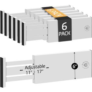 6 Pack Drawer Dividers 6 Inch High, 11-17" Adjustable Bamboo Organizers Large Expandable Drawer Separators for Cloths, Dresser, Bedroom, Bathroom, Baby Drawer, Office & Kitchen Utensils (White)