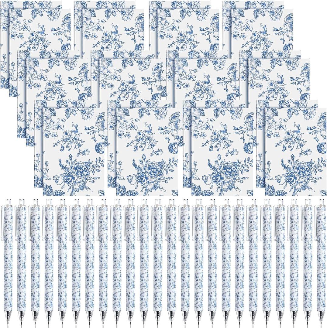 Engrowtic 24 Set Blue and White Floral Mini Notebooks and Ballpoint Pens Chinoiserie Vintage Pocket Notepads Gel Pens Small Journals for Bridal Wedding Baby Shower