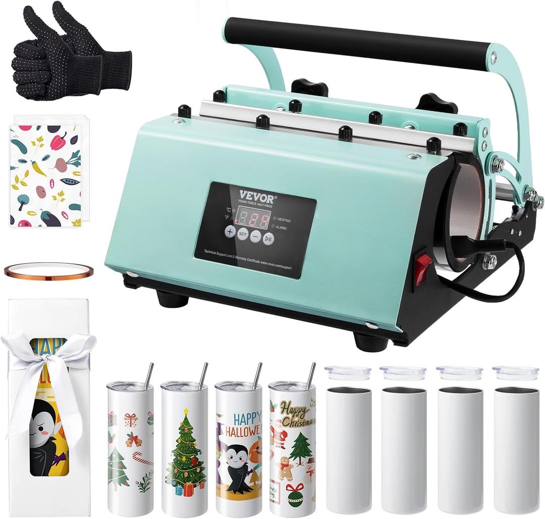 VEVOR Tumbler Heat Press Machine and Sublimation Tumblers, Tumbler Press Set with 8pcs 20OZ Blank Tumblers, Mug Press Cup Press for 11-30oz Tumblers Mug, with Heat Transfer Paper, Gloves, Tape